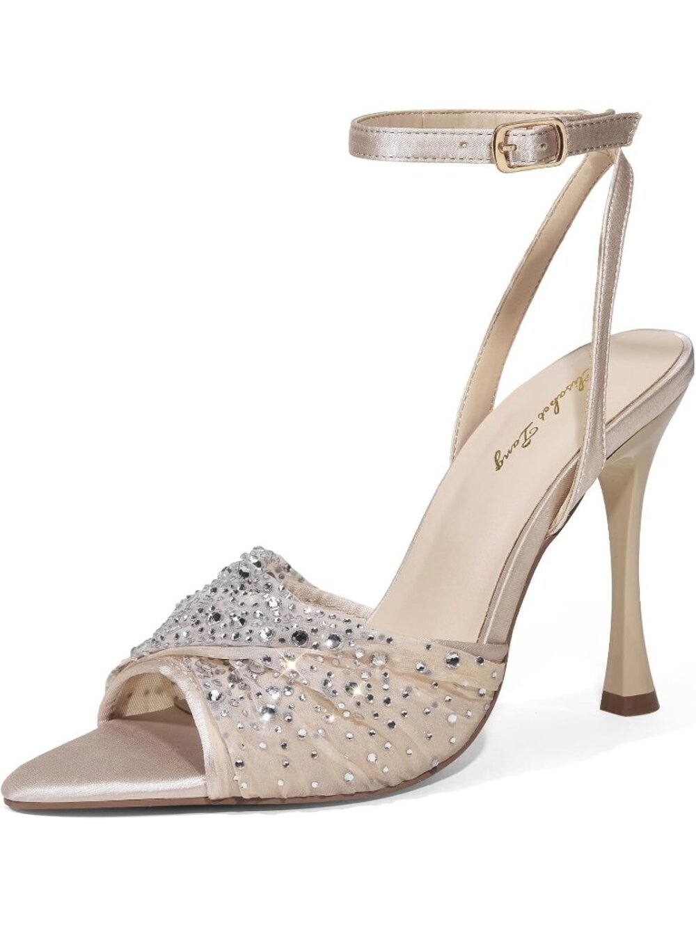 Women's Champagne Mesh Rhinestone 4 Inch Strappy High Heels Sandals Pointed Toe